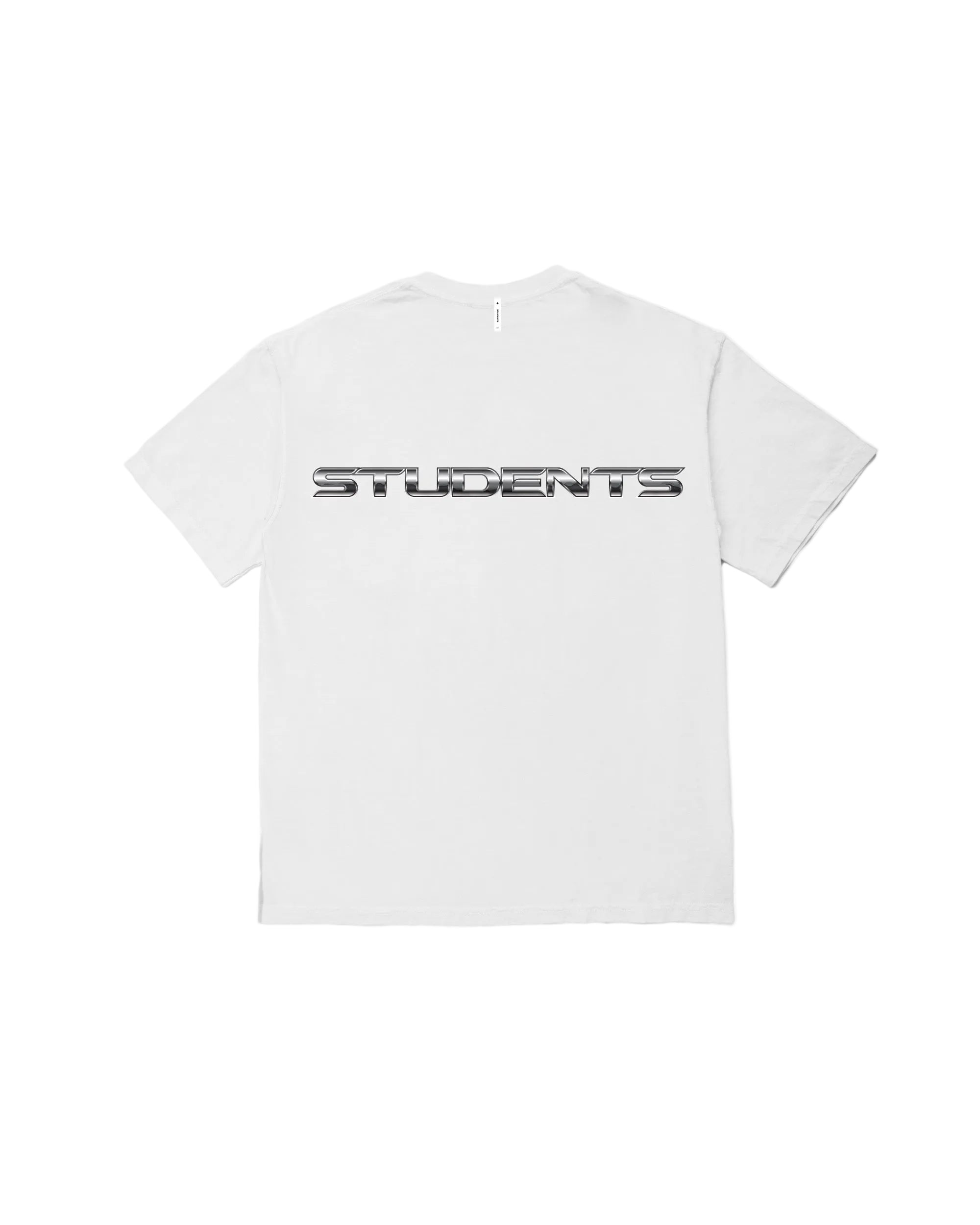 White t-shirt with 'STUDENTS' text on a white background