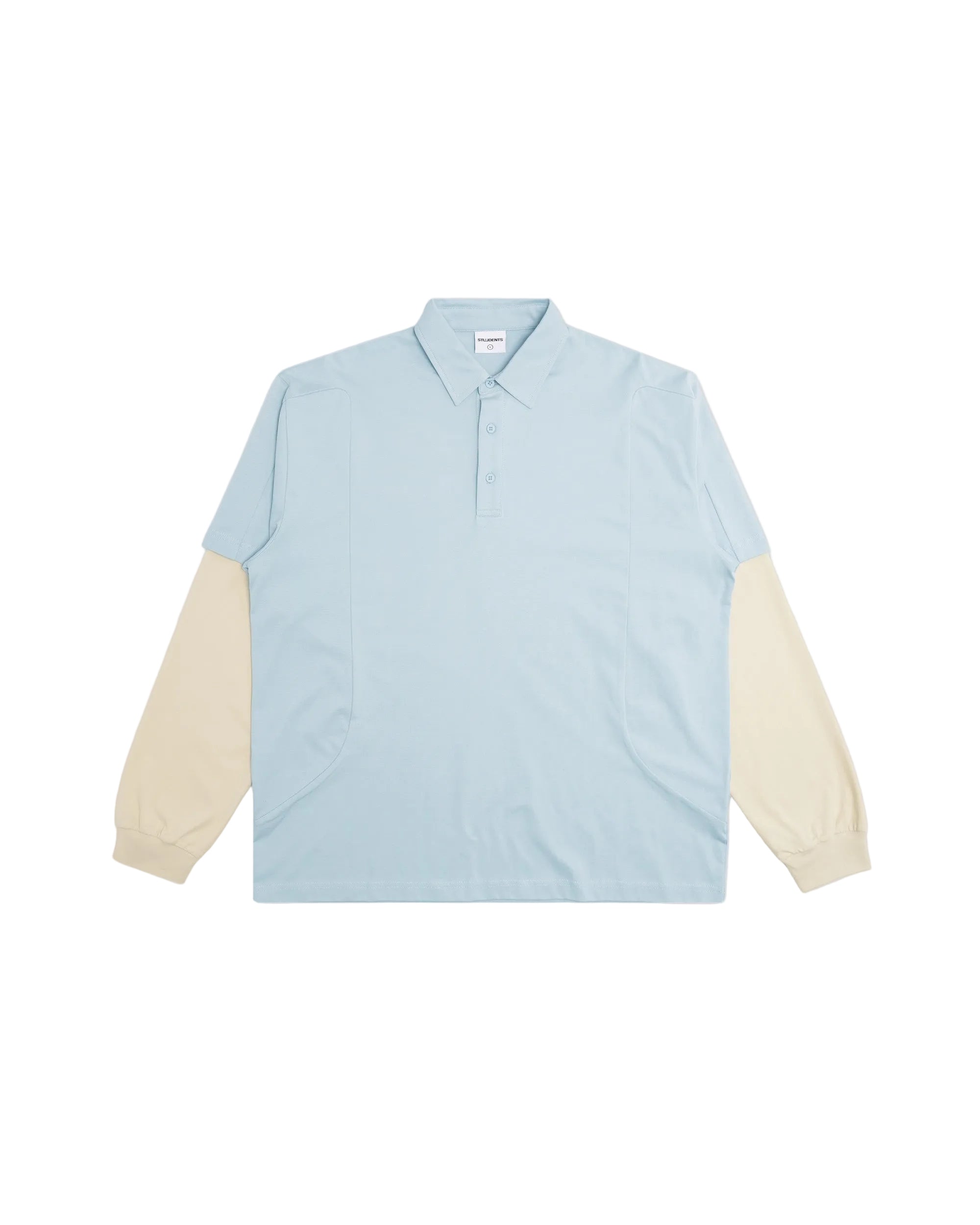 Light blue shirt with beige sleeves on a white background