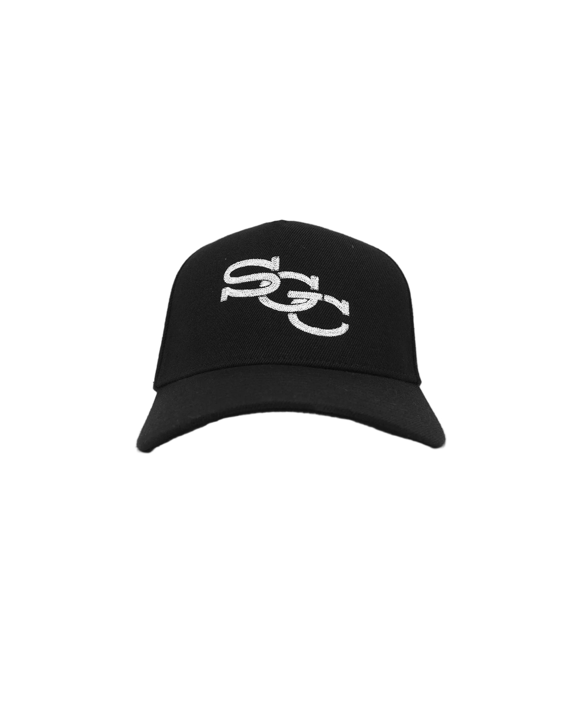 Black cap with white logo on a white background