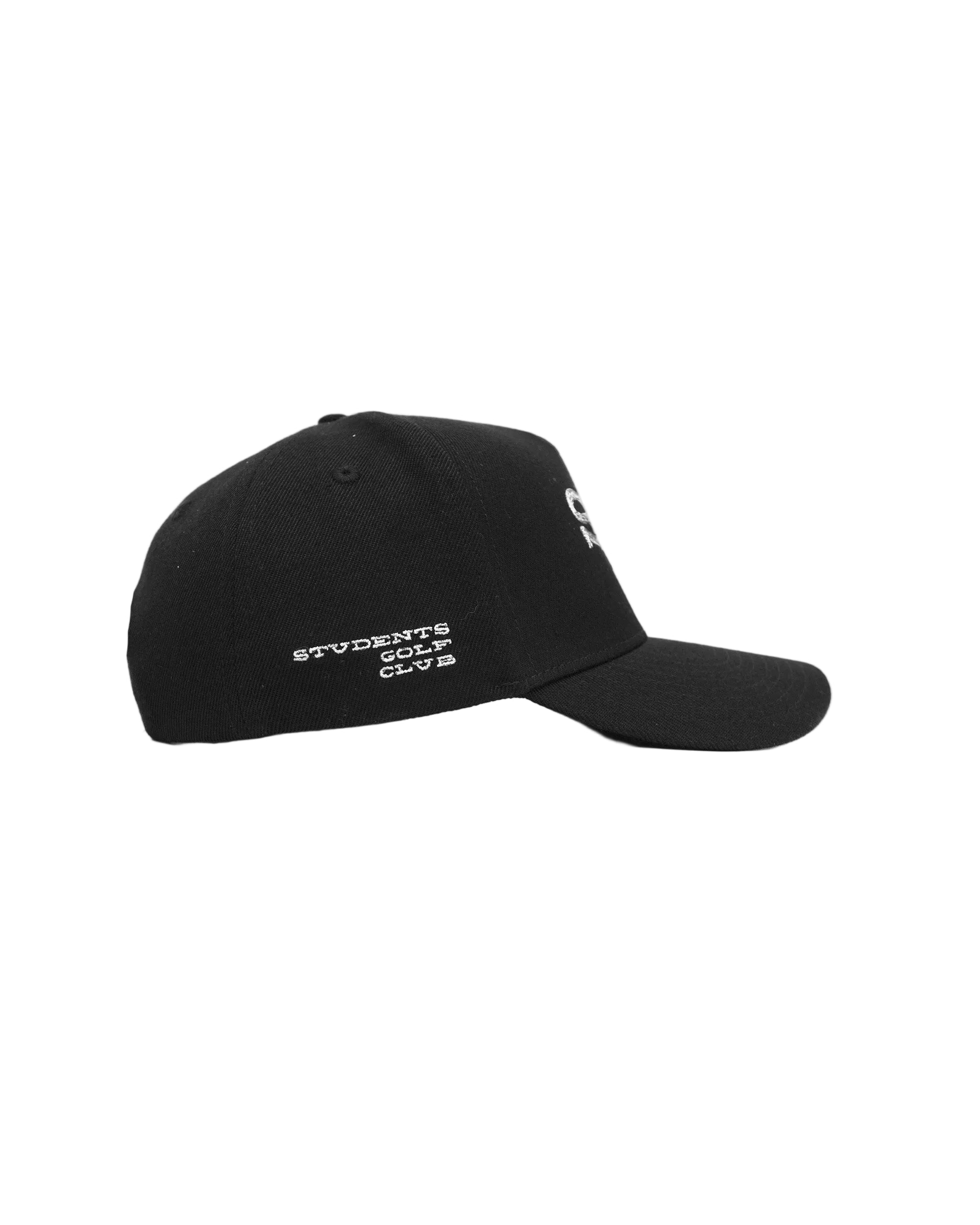 Black cap with white text on a light gray background