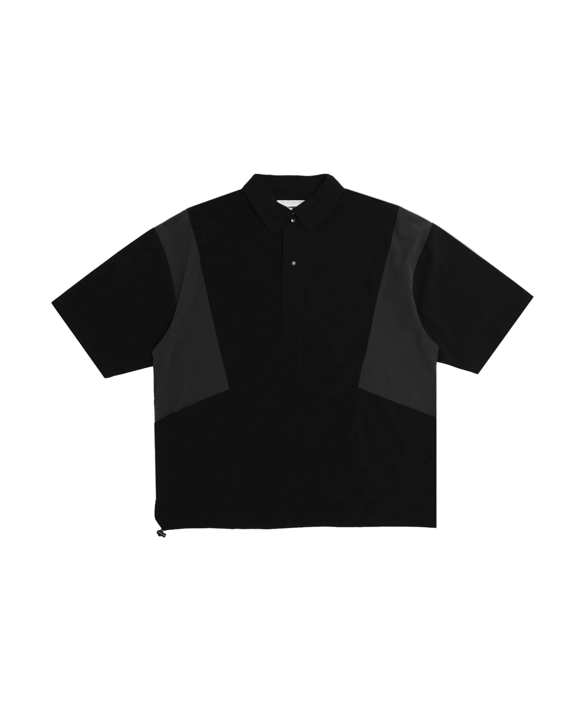 Black short-sleeve shirt with sheer panels on a white background