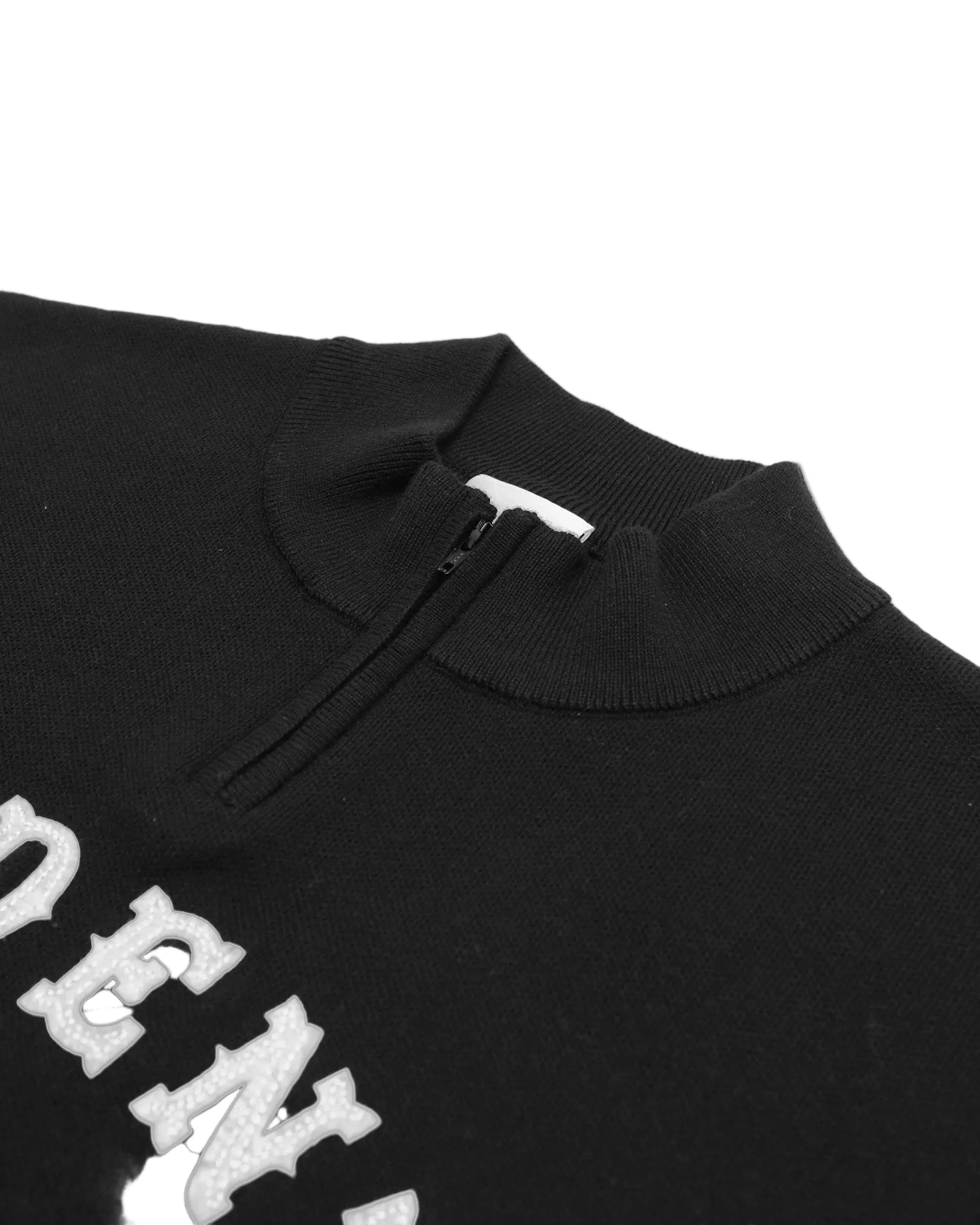 Black hoodie with white text on a white background