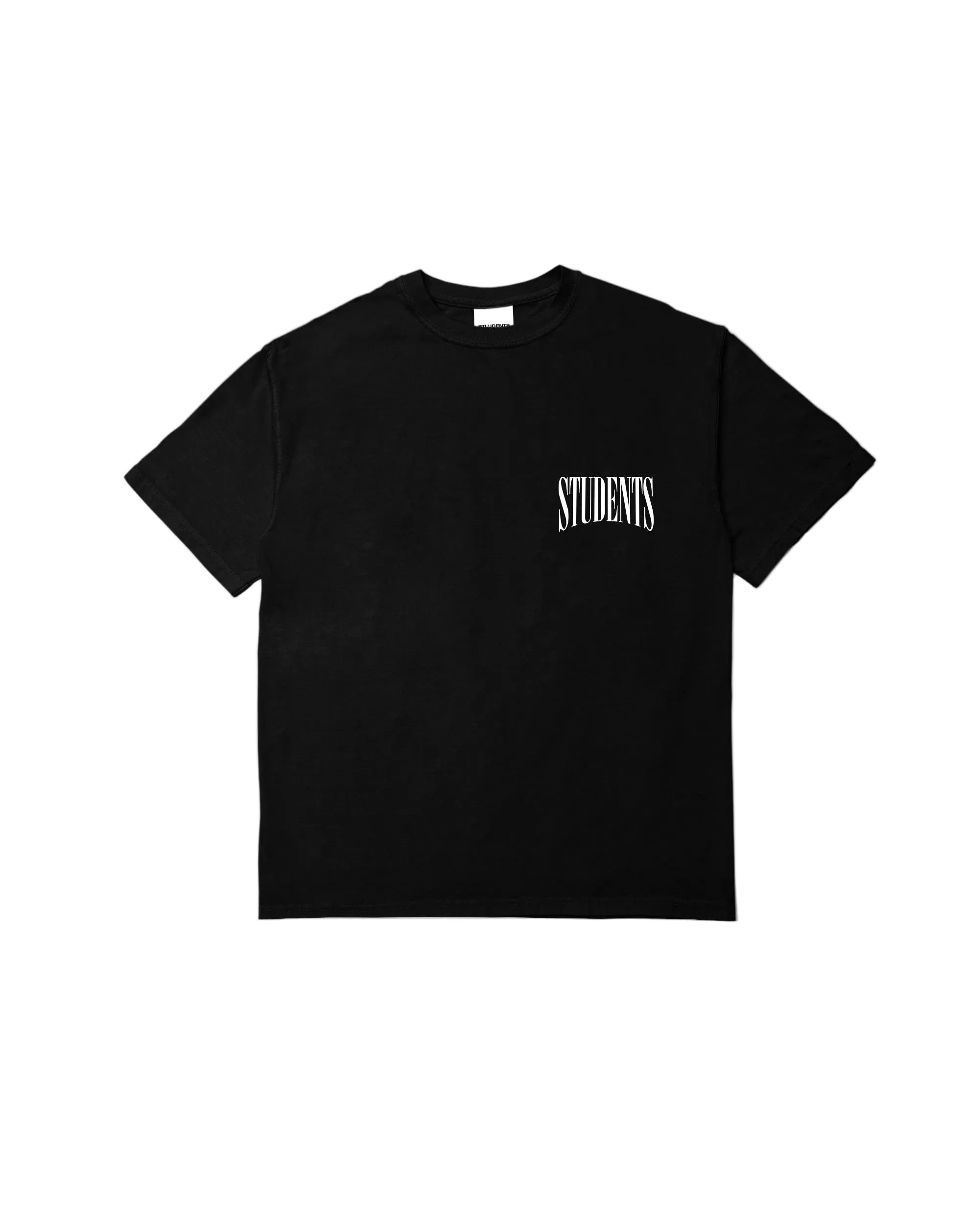 Black t-shirt with a logo on a white background
